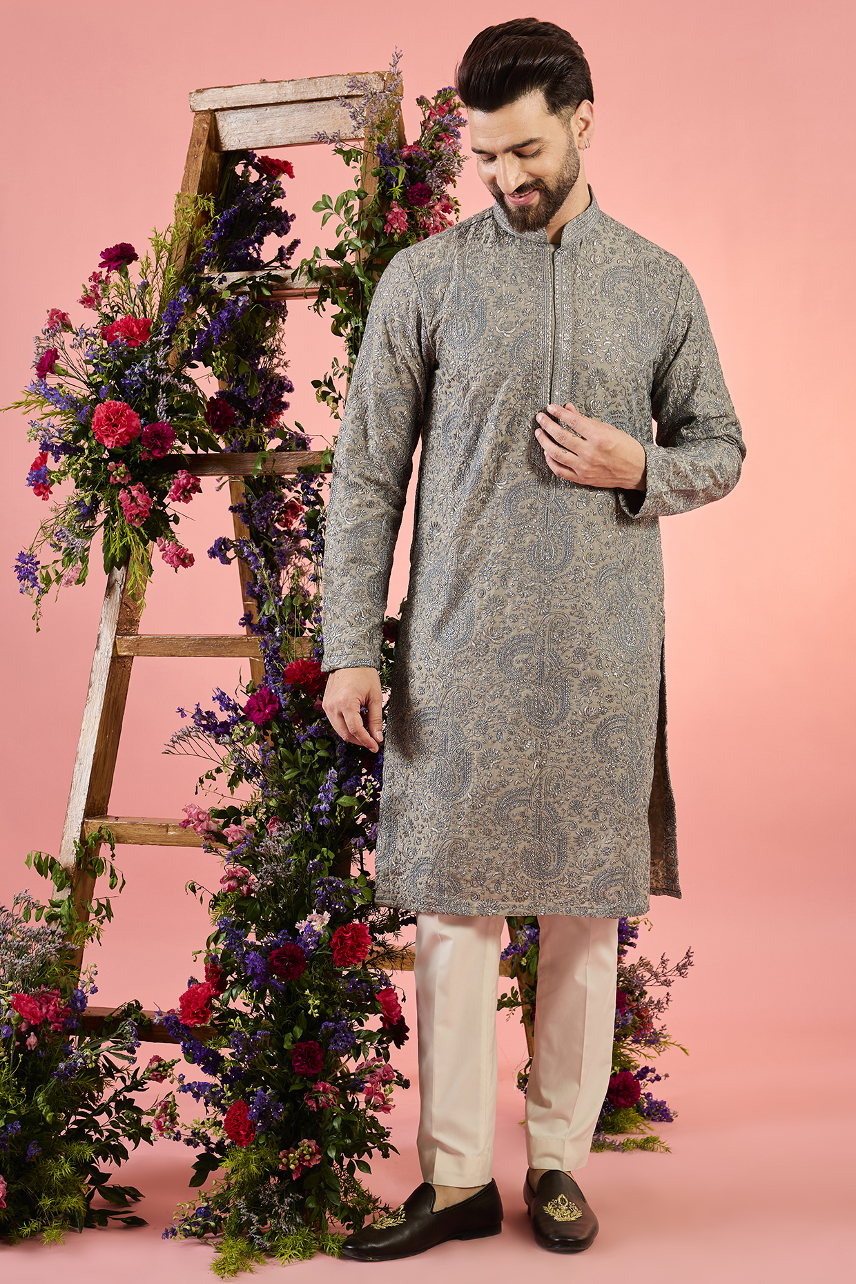 Dusty Beige Silk Zari Embroidered Chikankari Kurta by Kasbah Clothing