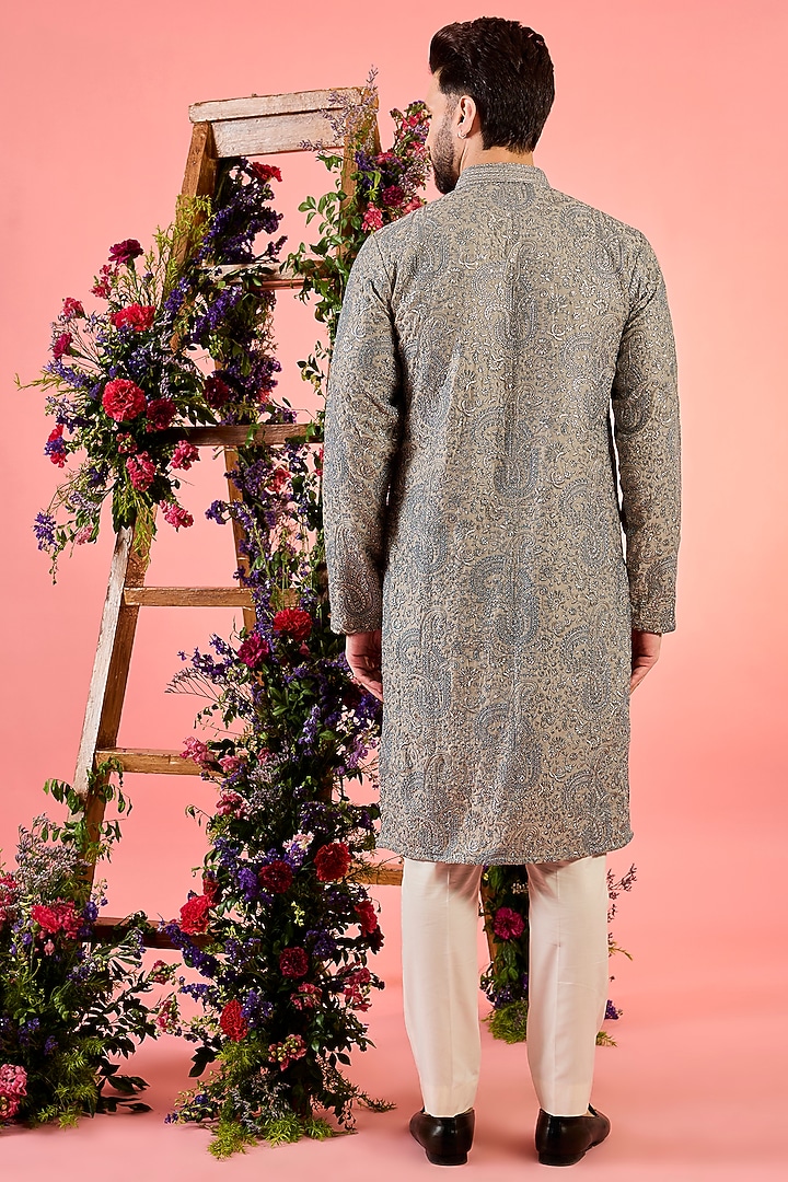 Dusty Beige Silk Zari Embroidered Chikankari Kurta by Kasbah Clothing at Pernia's Pop Up Shop