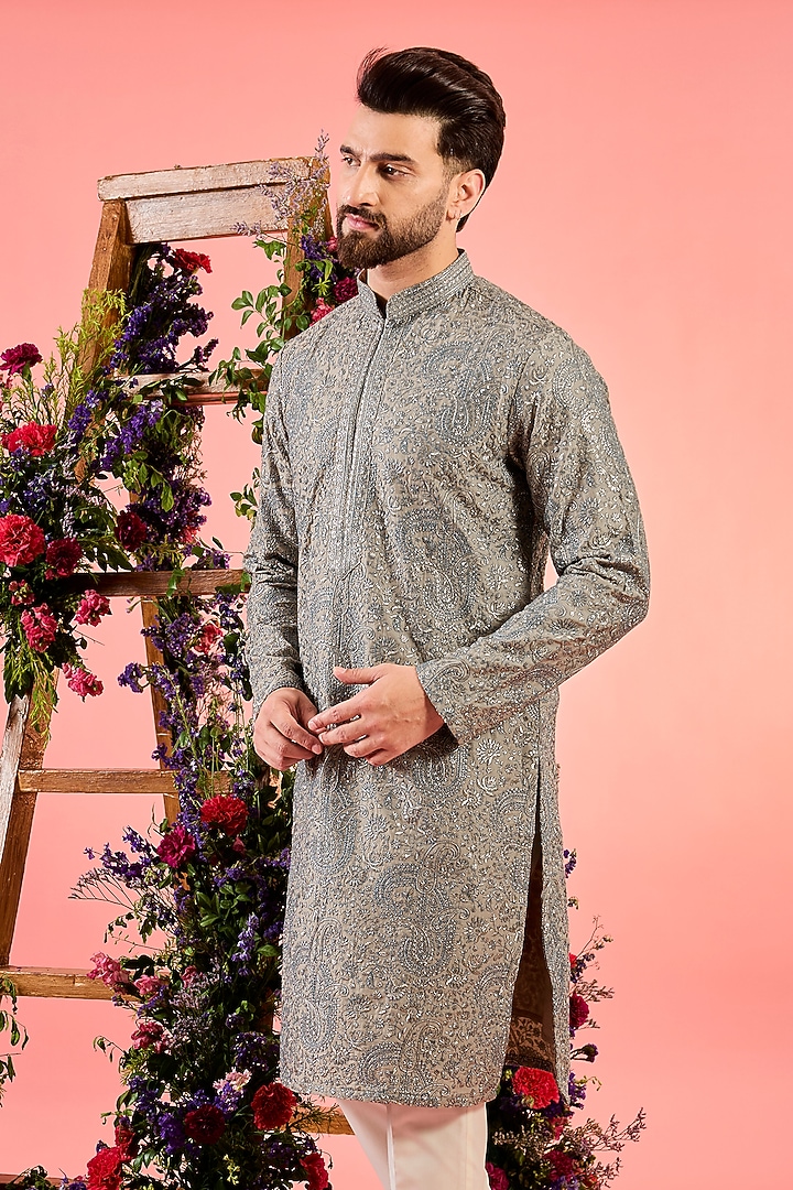 Dusty Beige Silk Zari Embroidered Chikankari Kurta by Kasbah Clothing at Pernia's Pop Up Shop