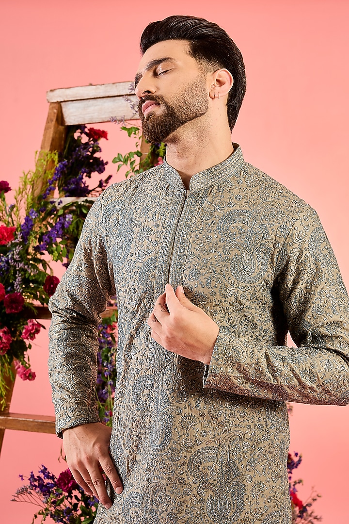 Dusty Beige Silk Zari Embroidered Chikankari Kurta by Kasbah Clothing at Pernia's Pop Up Shop