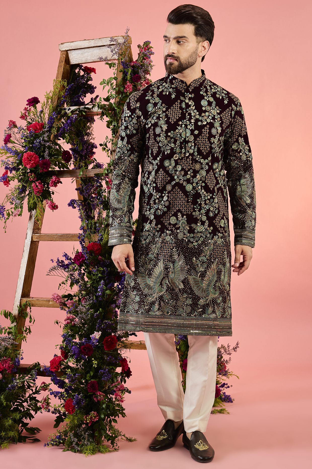 Wine Georgette Thread Embroidered Chikankari Kurta by Kasbah Clothing