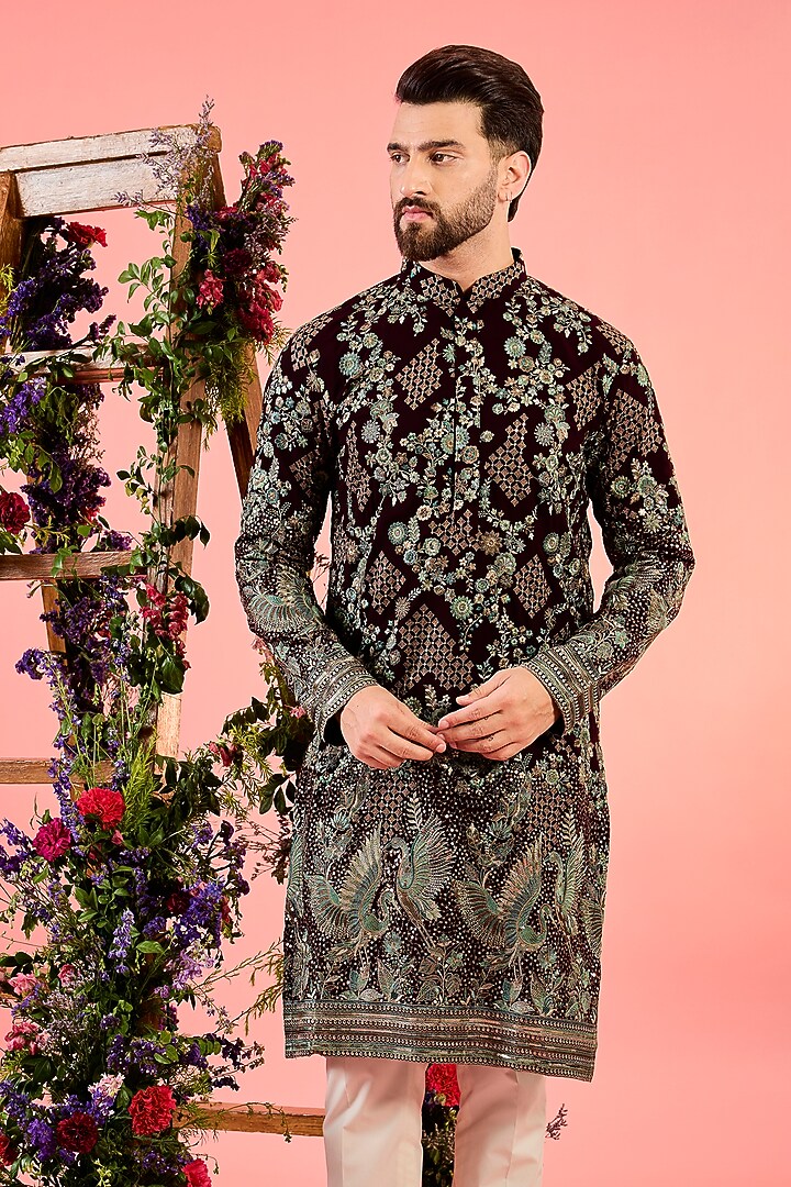 Wine Georgette Thread Embroidered Chikankari Kurta by Kasbah Clothing at Pernia's Pop Up Shop