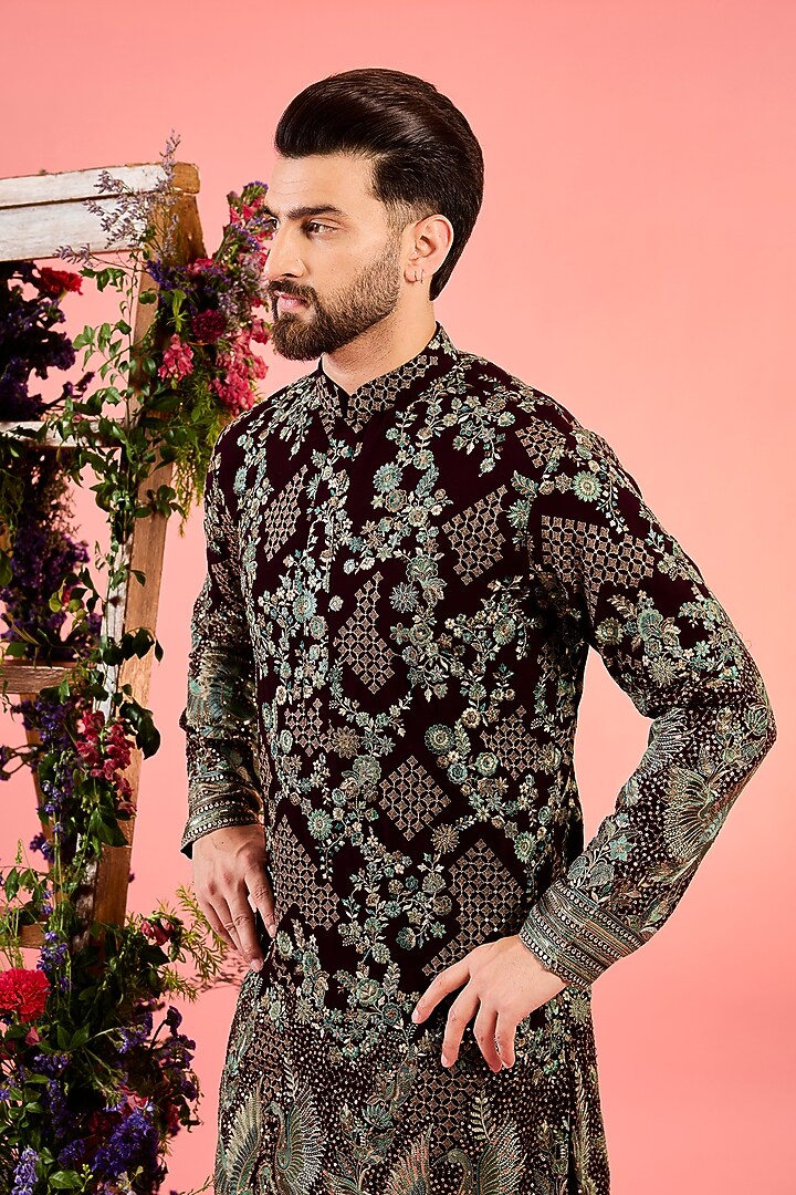 Wine Georgette Thread Embroidered Chikankari Kurta by Kasbah Clothing at Pernia's Pop Up Shop