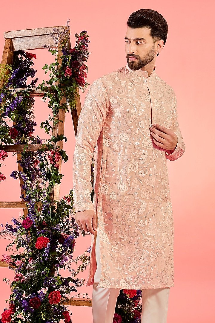 Peach Georgette Floral Embroidered Chikankari Kurta by Kasbah Clothing at Pernia's Pop Up Shop