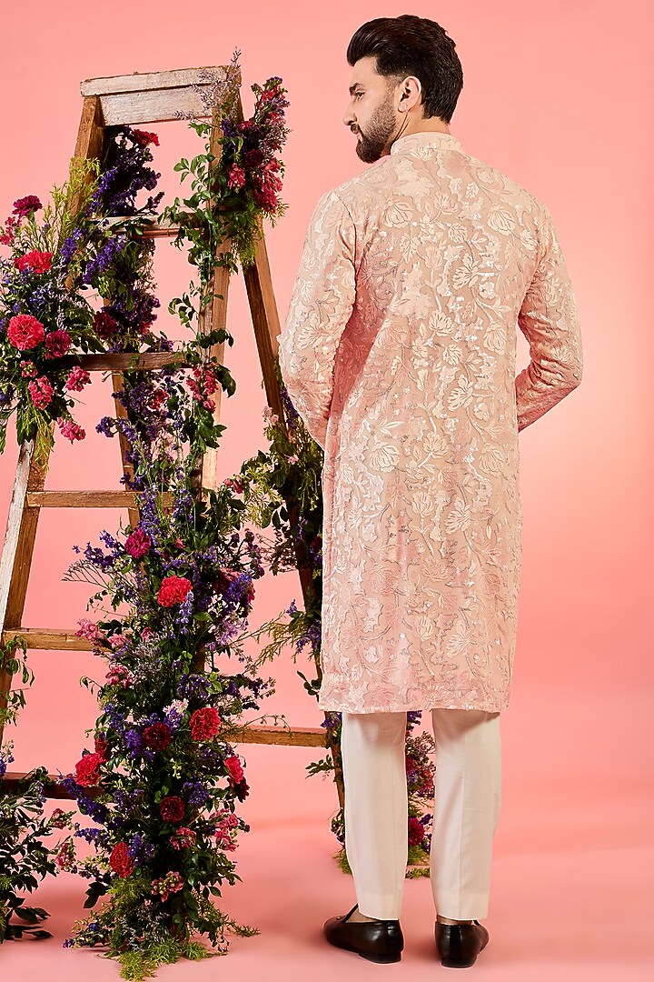 Peach Georgette Floral Embroidered Chikankari Kurta by Kasbah Clothing at Pernia's Pop Up Shop