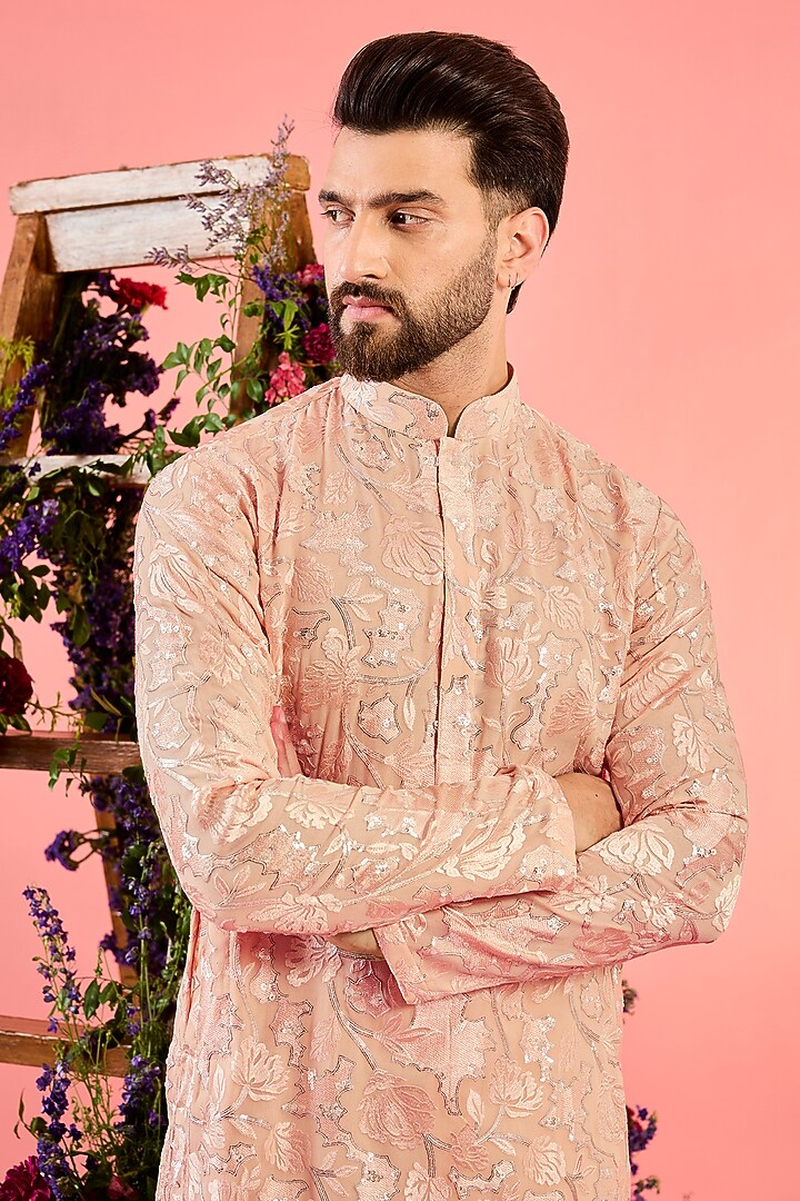 Peach Georgette Floral Embroidered Chikankari Kurta by Kasbah Clothing at Pernia's Pop Up Shop