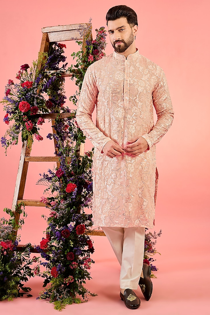 Peach Georgette Floral Embroidered Chikankari Kurta by Kasbah Clothing at Pernia's Pop Up Shop