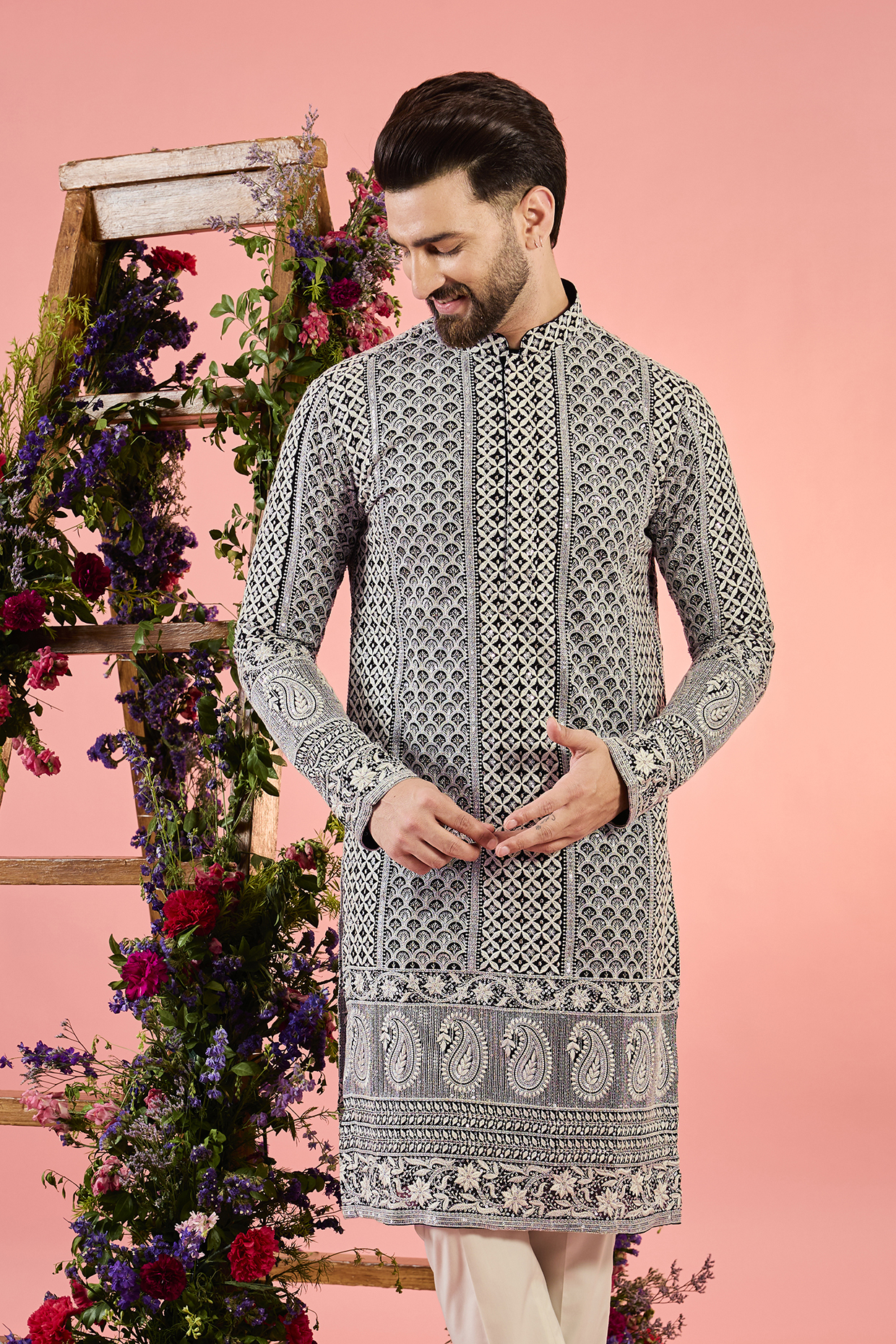 Black Georgette Threadwork Chikankari Kurta by Kasbah Clothing