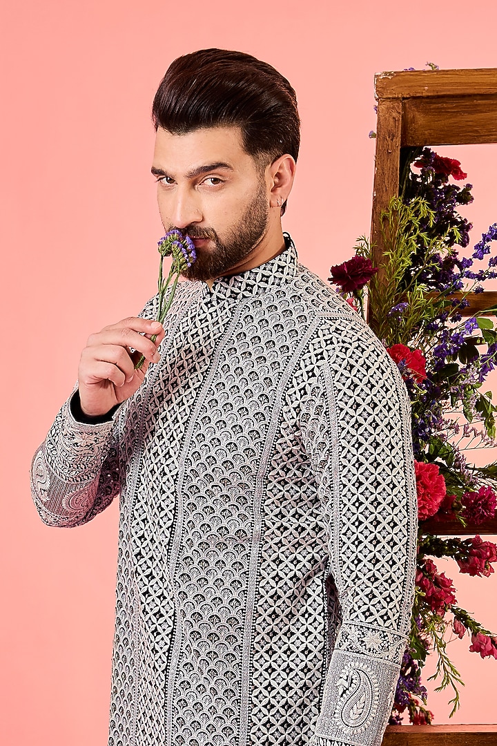 Black Georgette Threadwork Chikankari Kurta by Kasbah Clothing at Pernia's Pop Up Shop