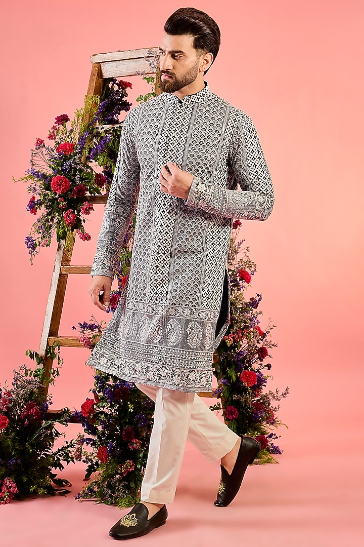 Black Georgette Threadwork Chikankari Kurta by Kasbah Clothing at Pernia's Pop Up Shop