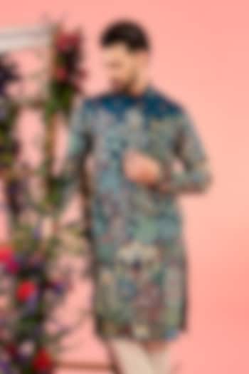 Blue Silk Flora & Fauna Embroidered Chikankari Kurta by Kasbah Clothing at Pernia's Pop Up Shop