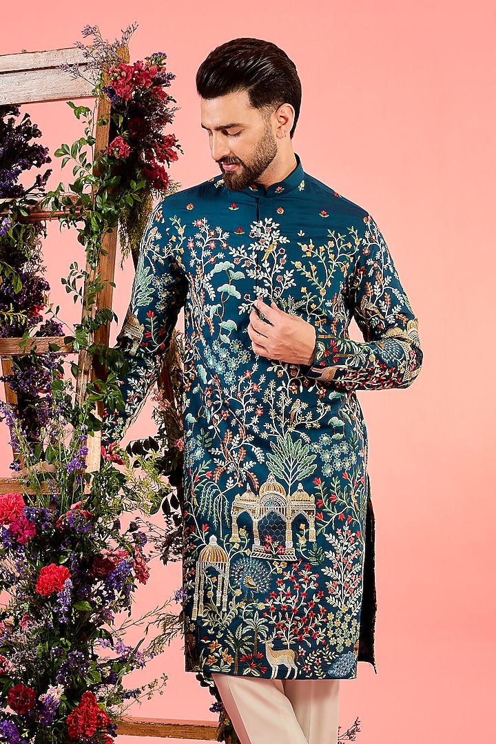 Blue Silk Flora & Fauna Embroidered Chikankari Kurta by Kasbah Clothing at Pernia's Pop Up Shop