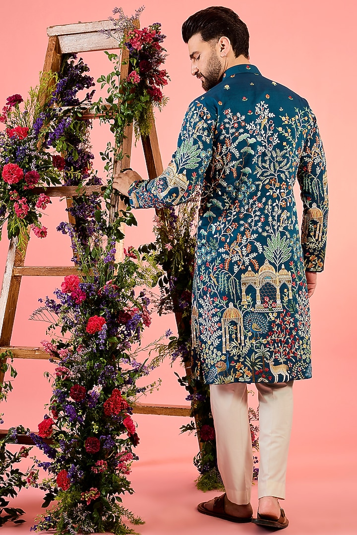 Blue Silk Flora & Fauna Embroidered Chikankari Kurta by Kasbah Clothing at Pernia's Pop Up Shop