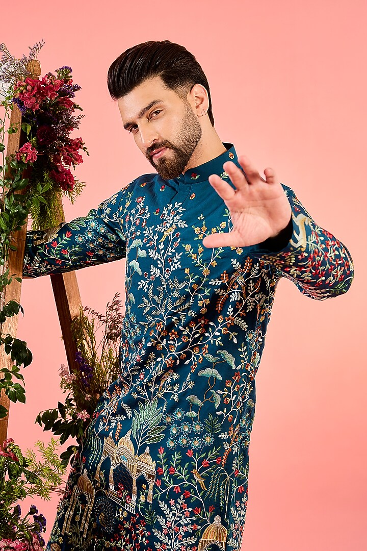 Blue Silk Flora & Fauna Embroidered Chikankari Kurta by Kasbah Clothing at Pernia's Pop Up Shop