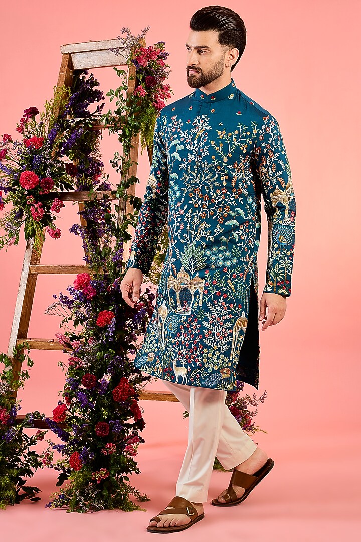 Blue Silk Flora & Fauna Embroidered Chikankari Kurta by Kasbah Clothing at Pernia's Pop Up Shop