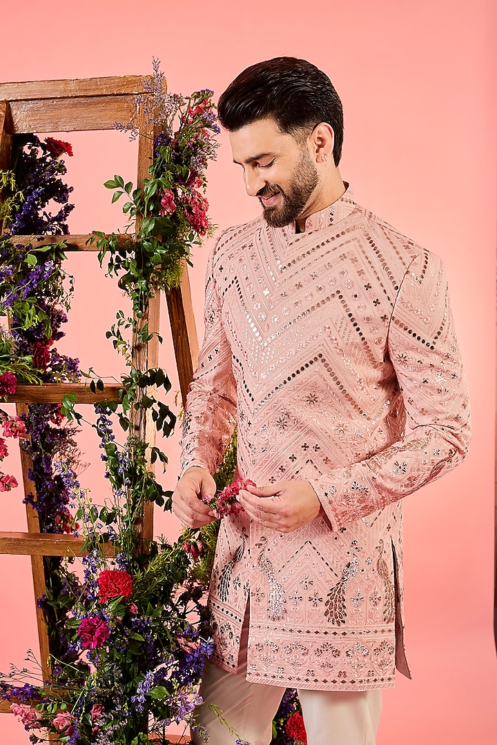 Peach Georgette Sequin Embellished Wedding Indowestern Set by Kasbah Clothing at Pernia's Pop Up Shop