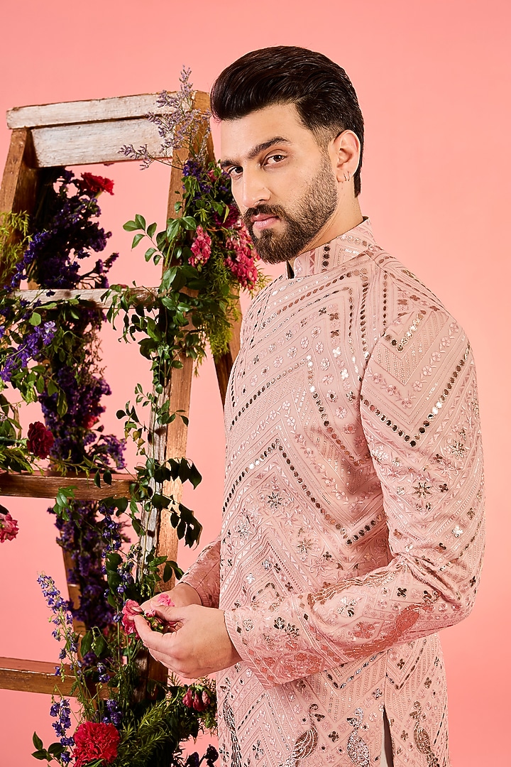 Peach Georgette Sequin Embellished Wedding Indowestern Set by Kasbah Clothing at Pernia's Pop Up Shop