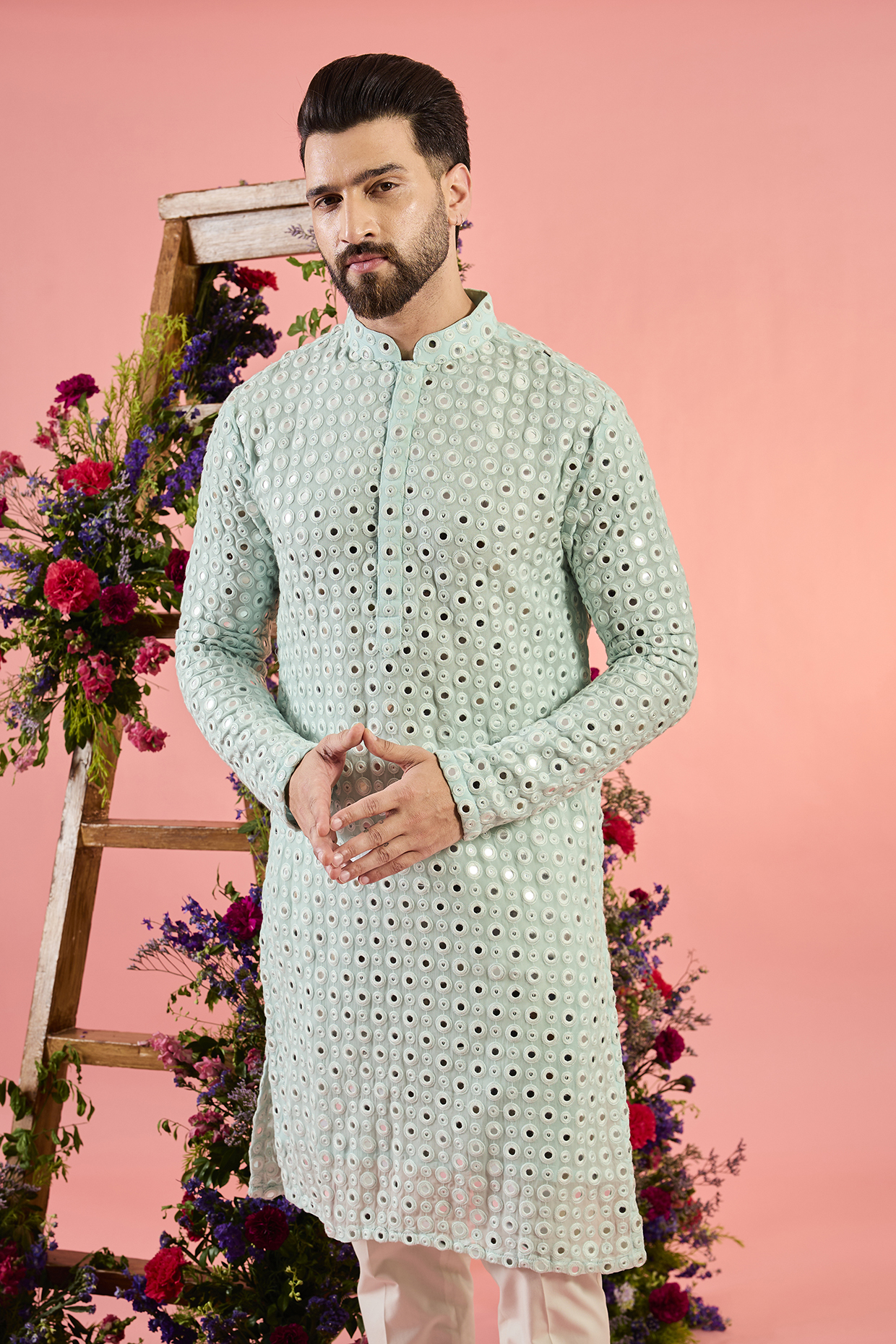 Blue Georgette Mirror Work Kurta by Kasbah Clothing