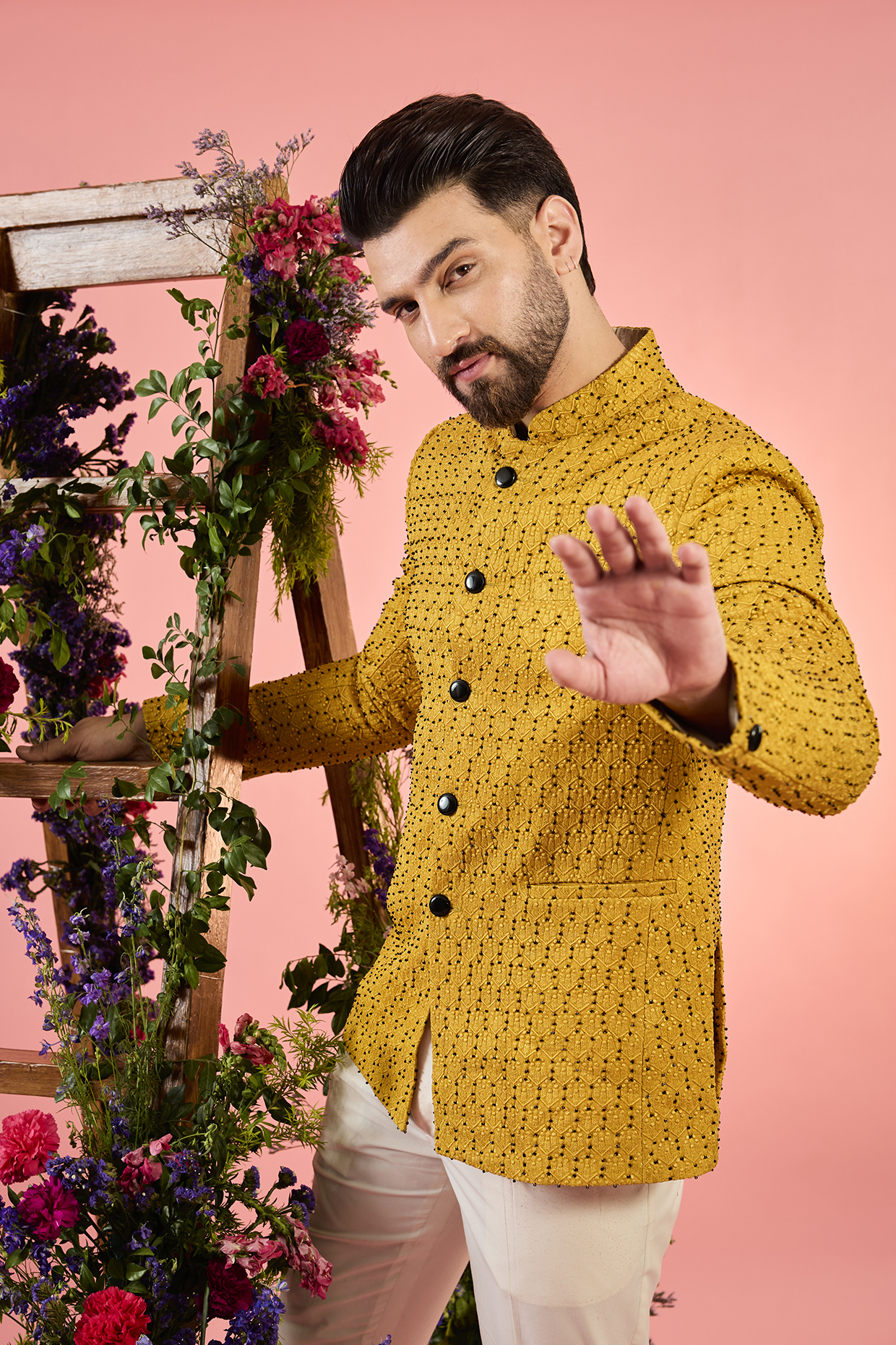 Yellow Silk Cutdana Work Bandhgala by Kasbah Clothing