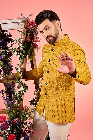 Yellow Silk Cutdana Work Bandhgala by Kasbah Clothing