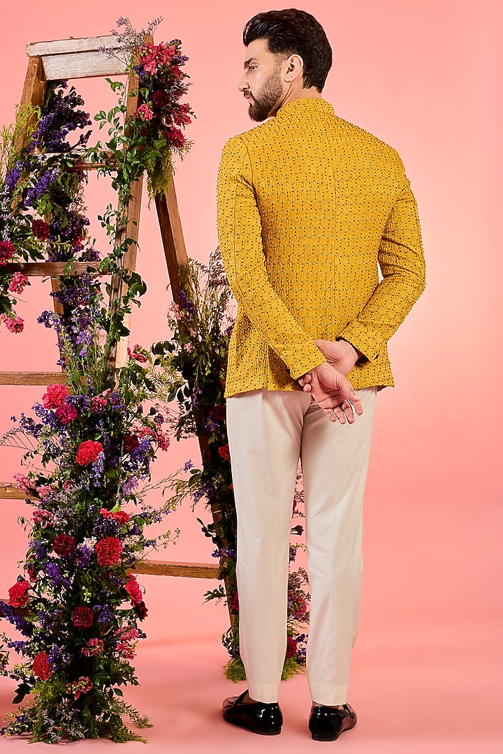 Yellow Silk Cutdana Work Wedding Bandhgala by Kasbah Clothing at Pernia's Pop Up Shop