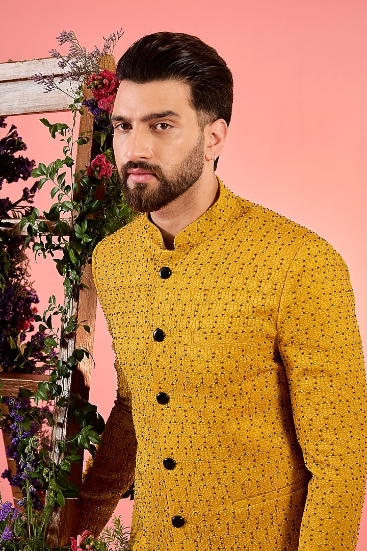 Yellow Silk Cutdana Work Wedding Bandhgala by Kasbah Clothing at Pernia's Pop Up Shop