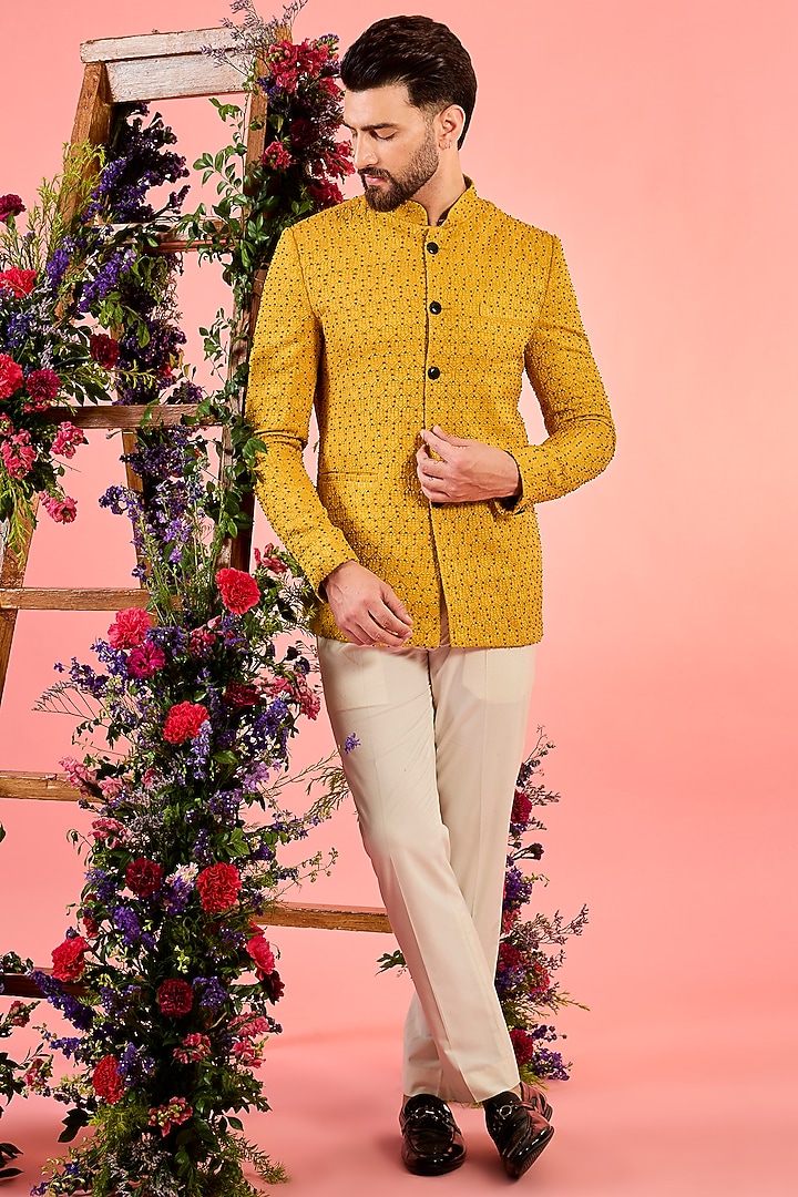 Yellow Silk Cutdana Work Wedding Bandhgala by Kasbah Clothing at Pernia's Pop Up Shop