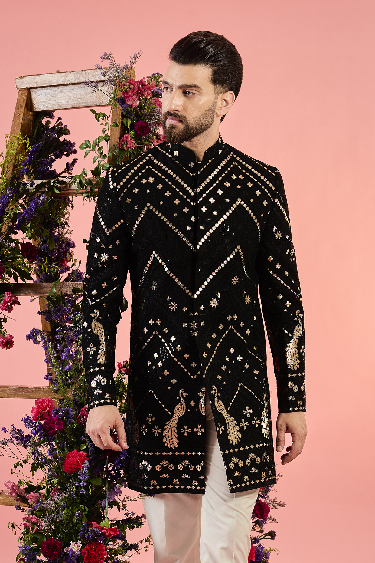 Black Georgette Sequins Embellished Sherwani by Kasbah Clothing