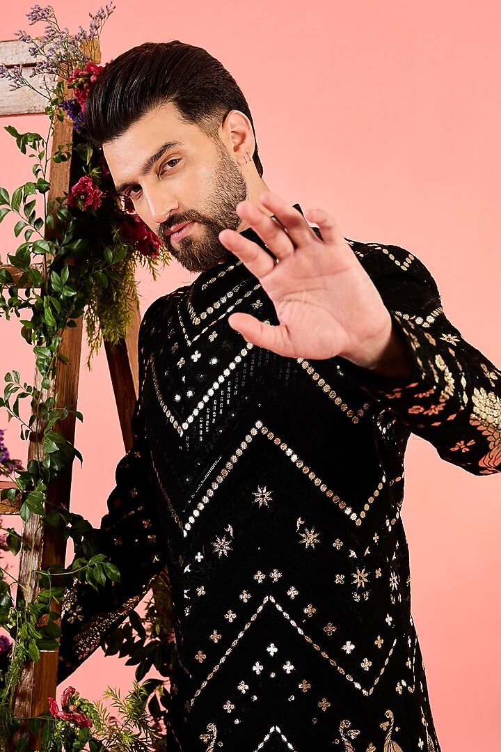 Black Georgette Sequins Embellished Wedding Sherwani by Kasbah Clothing at Pernia's Pop Up Shop