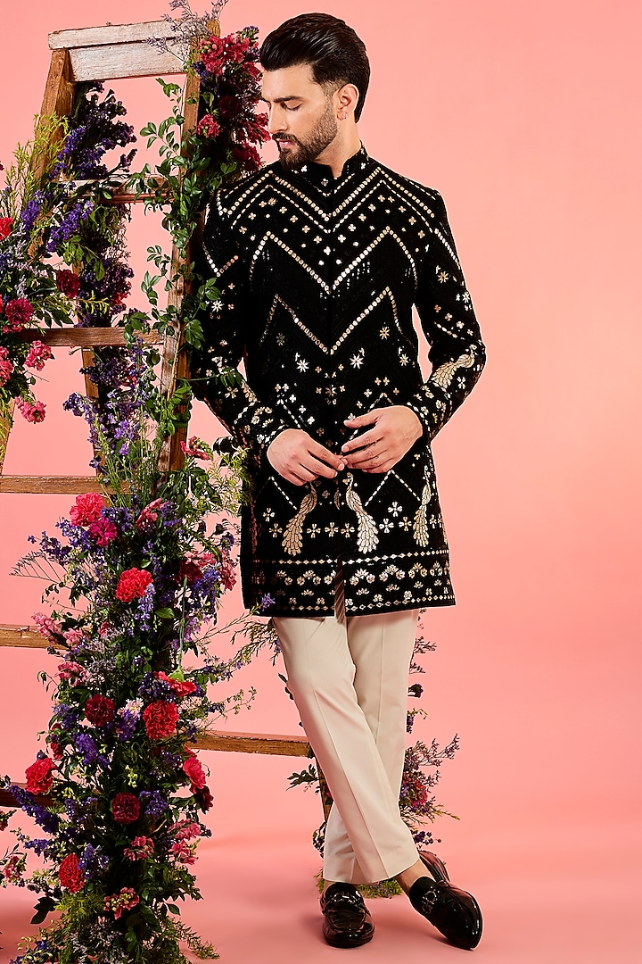 Black Georgette Sequins Embellished Wedding Sherwani by Kasbah Clothing at Pernia's Pop Up Shop