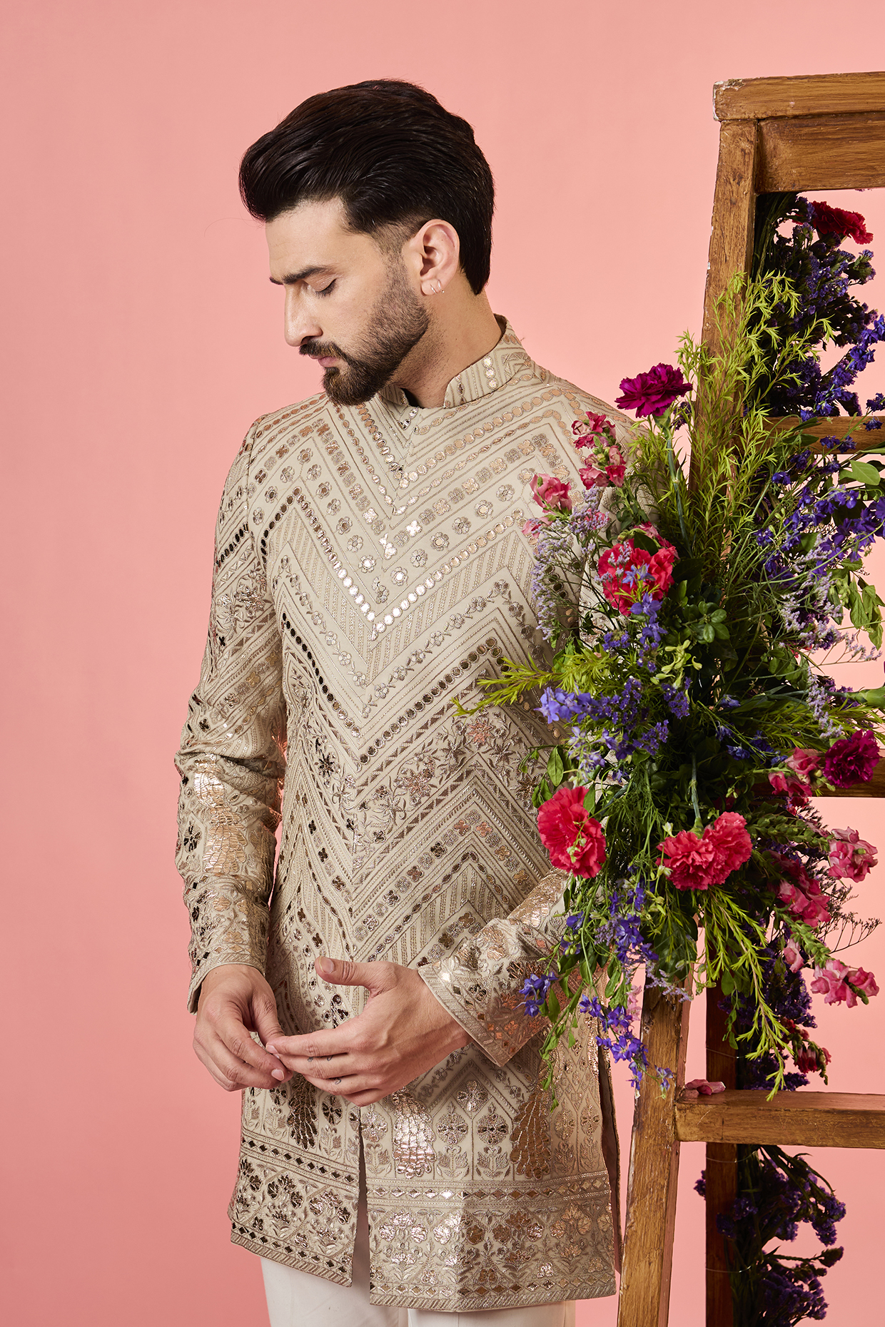 Beige Georgette Sequins Embellished Sherwani by Kasbah Clothing