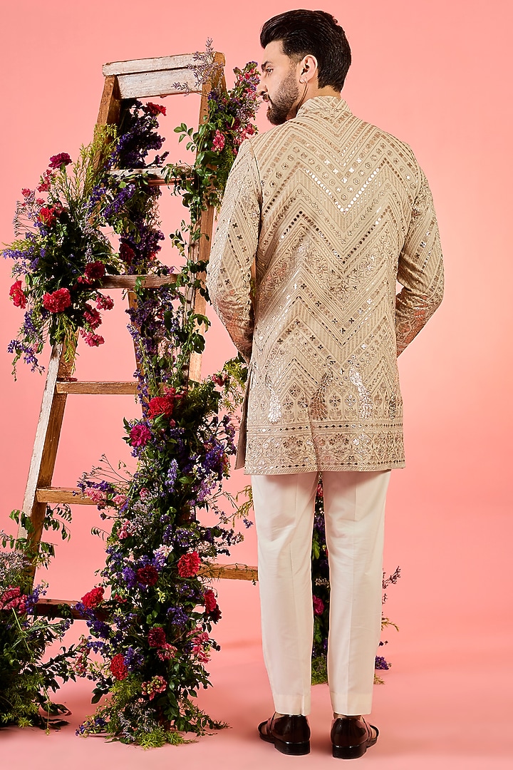 Beige Georgette Sequins Embellished Wedding Sherwani by Kasbah Clothing at Pernia's Pop Up Shop