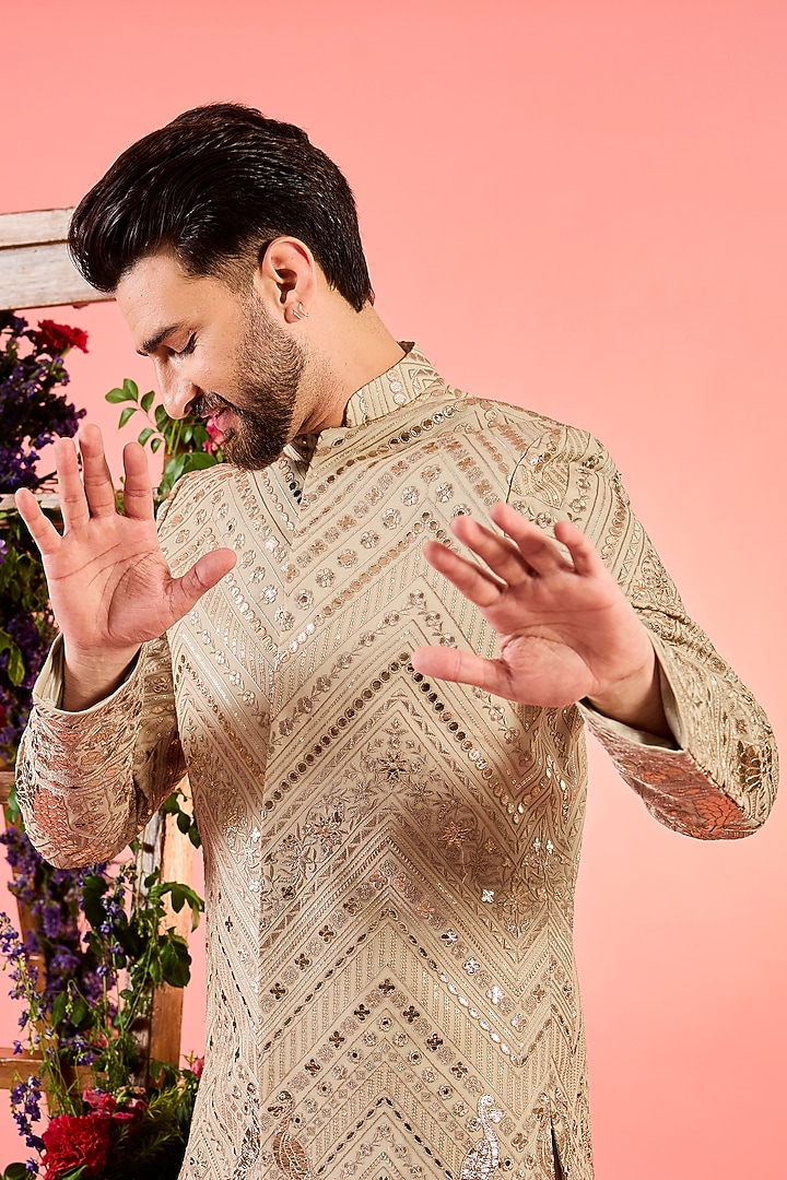 Beige Georgette Sequins Embellished Wedding Sherwani by Kasbah Clothing at Pernia's Pop Up Shop