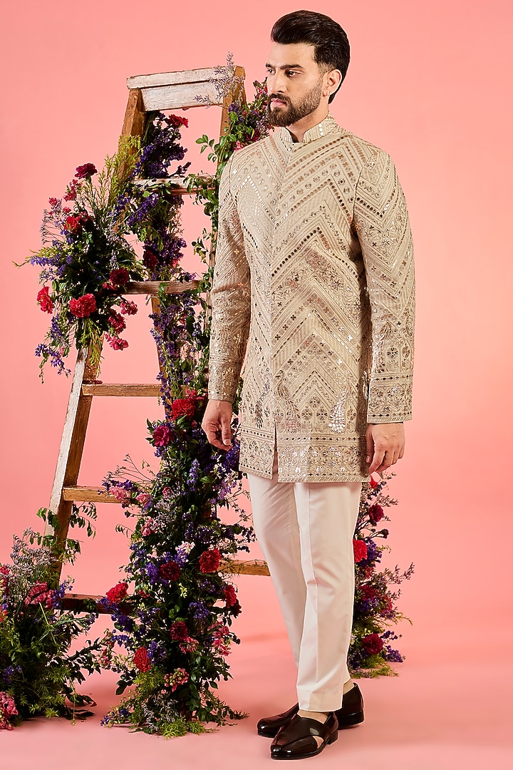 Beige Georgette Sequins Embellished Wedding Sherwani by Kasbah Clothing at Pernia's Pop Up Shop