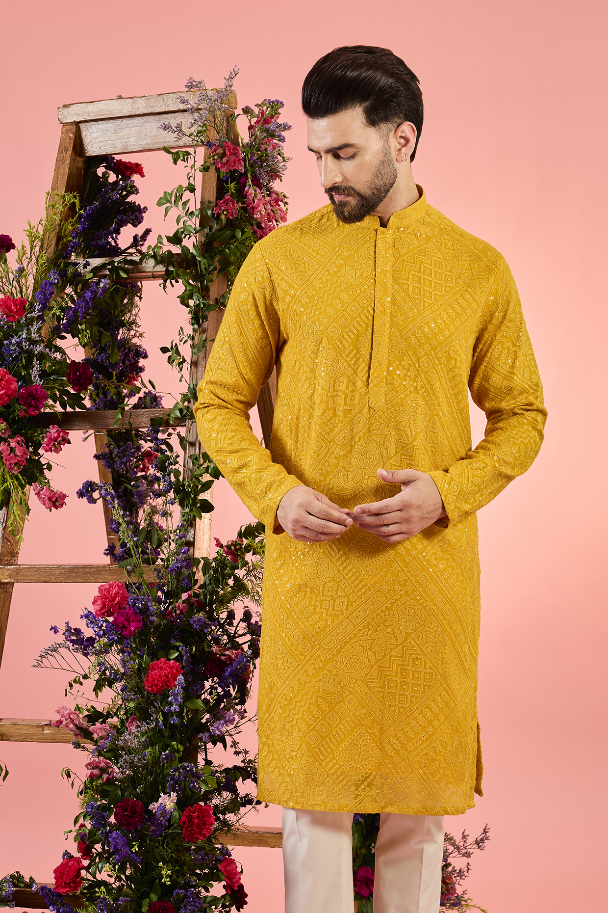 Mustard Georgette Thread Embroidered Chikankari Kurta by Kasbah Clothing
