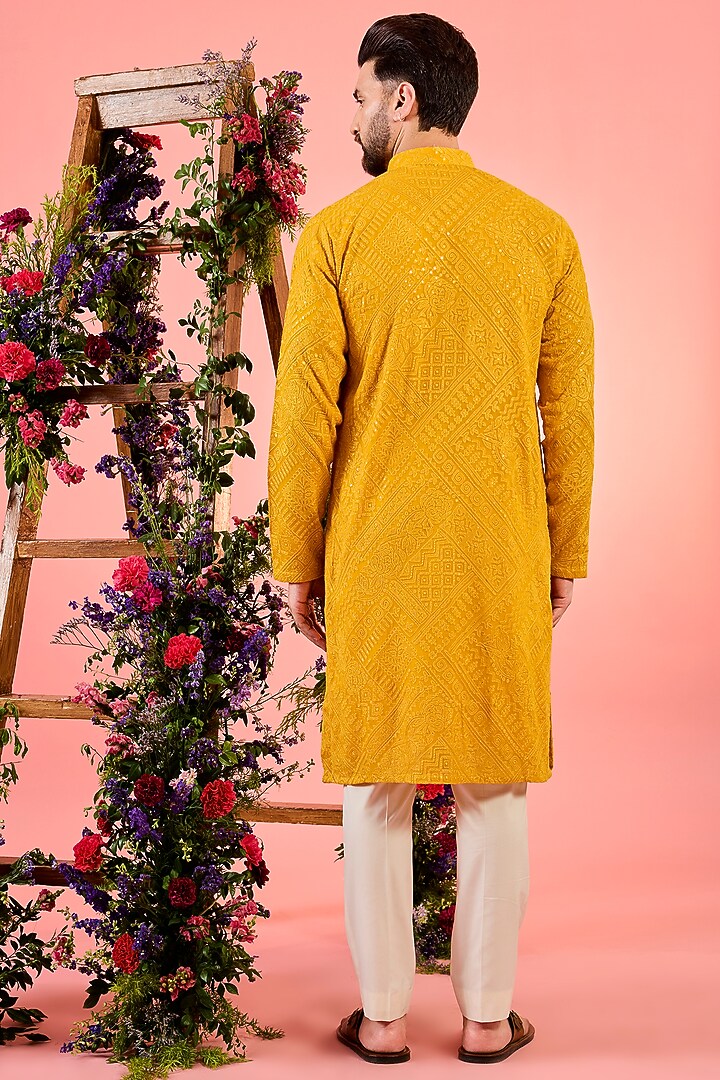 Mustard Georgette Thread Embroidered Chikankari Kurta by Kasbah Clothing at Pernia's Pop Up Shop