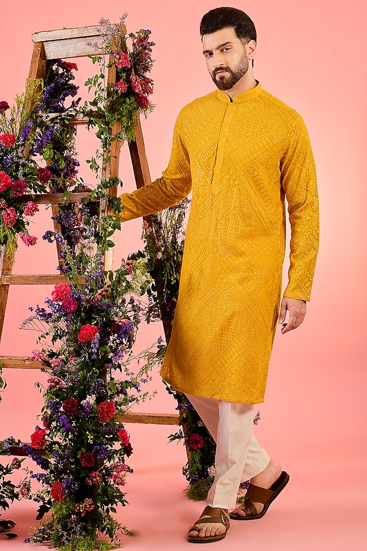 Mustard Georgette Thread Embroidered Chikankari Kurta by Kasbah Clothing at Pernia's Pop Up Shop
