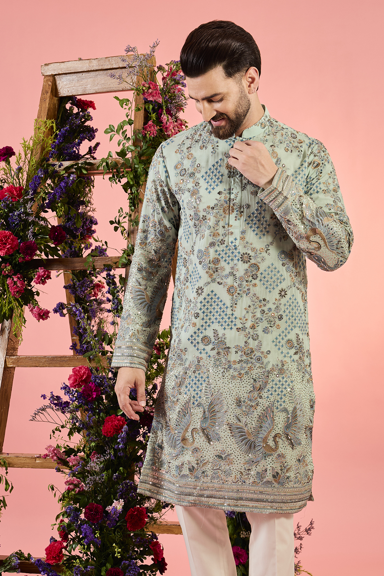 Green Georgette Thread Embroidered Chikankari Kurta by Kasbah Clothing