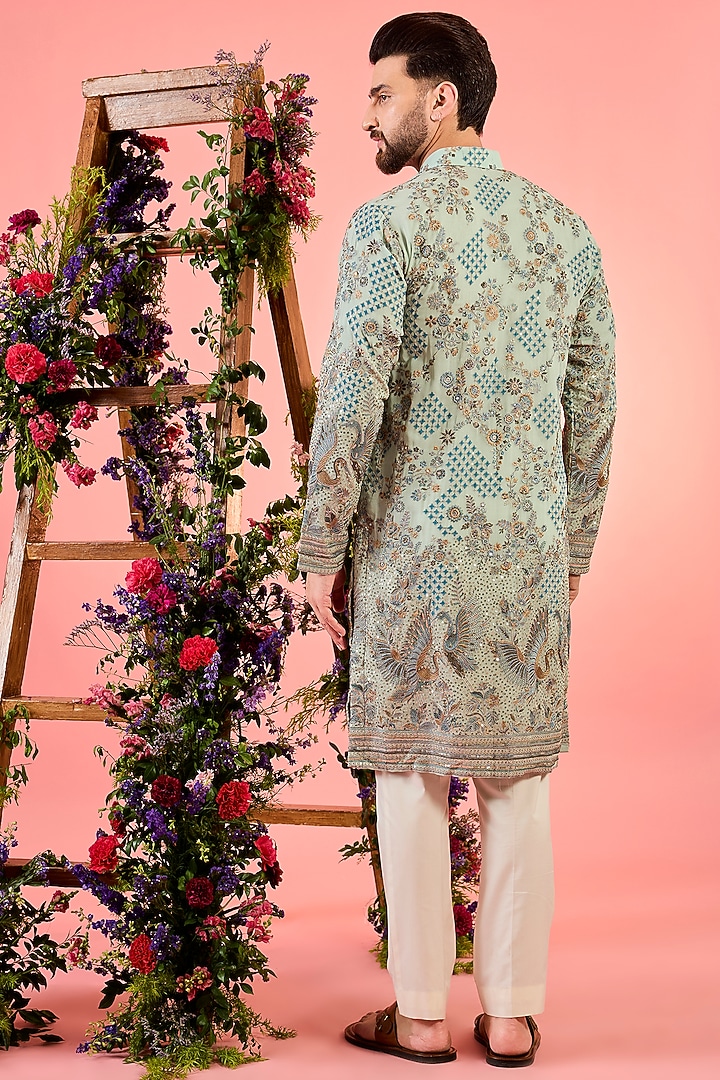 Green Georgette Thread Embroidered Chikankari Kurta by Kasbah Clothing at Pernia's Pop Up Shop