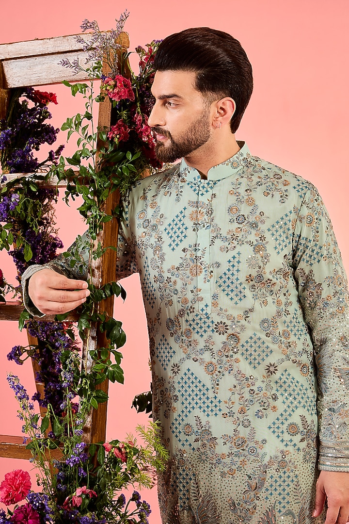 Green Georgette Thread Embroidered Chikankari Kurta by Kasbah Clothing at Pernia's Pop Up Shop