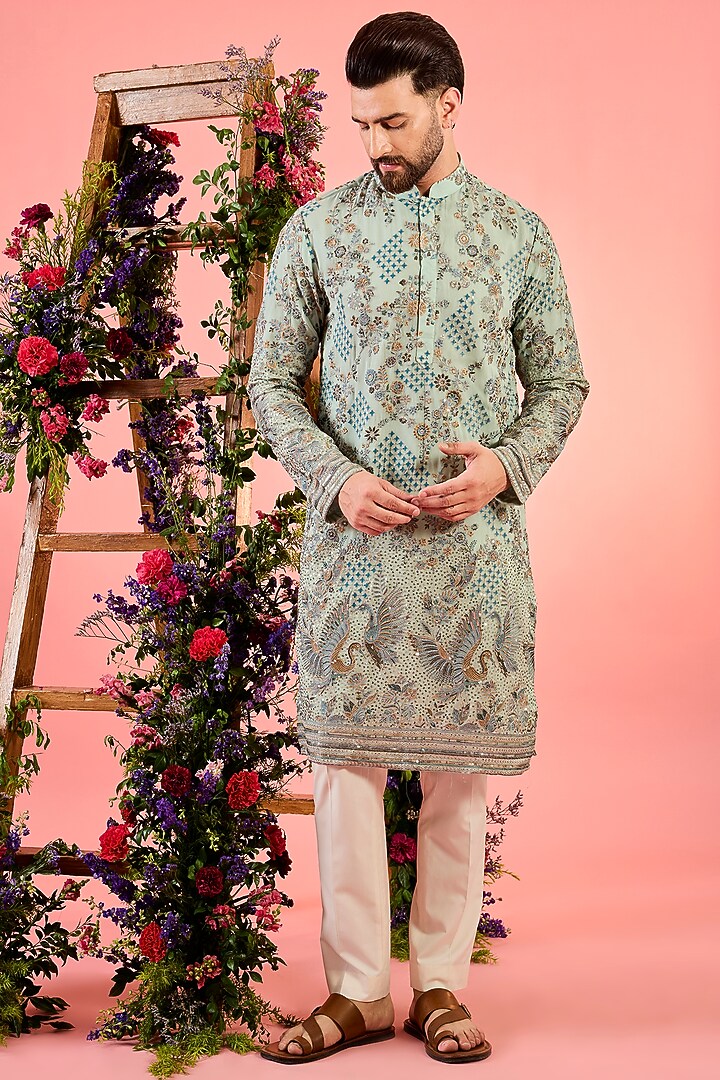 Green Georgette Thread Embroidered Chikankari Kurta by Kasbah Clothing at Pernia's Pop Up Shop