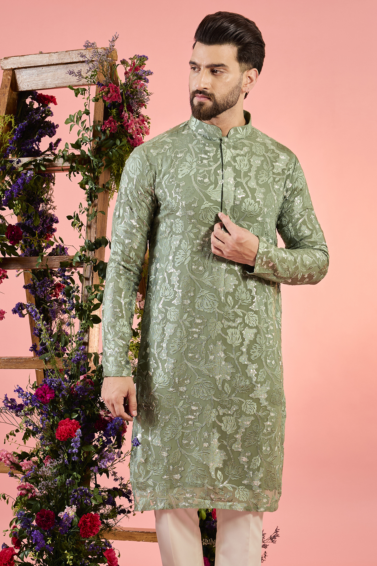 Sage Green Georgette Floral Embroidered Kurta by Kasbah Clothing