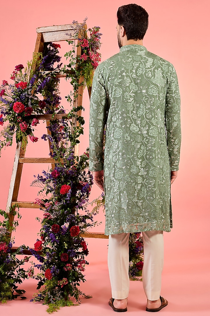 Sage Green Georgette Floral Embroidered Kurta by Kasbah Clothing at Pernia's Pop Up Shop