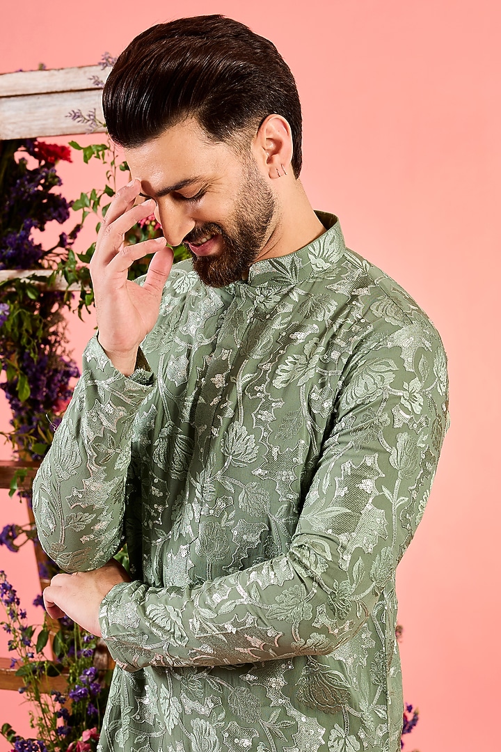 Sage Green Georgette Floral Embroidered Kurta by Kasbah Clothing at Pernia's Pop Up Shop