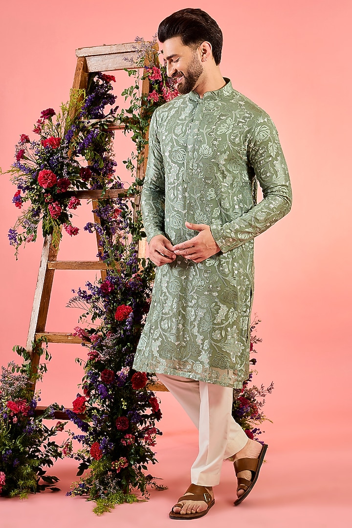 Sage Green Georgette Floral Embroidered Kurta by Kasbah Clothing at Pernia's Pop Up Shop