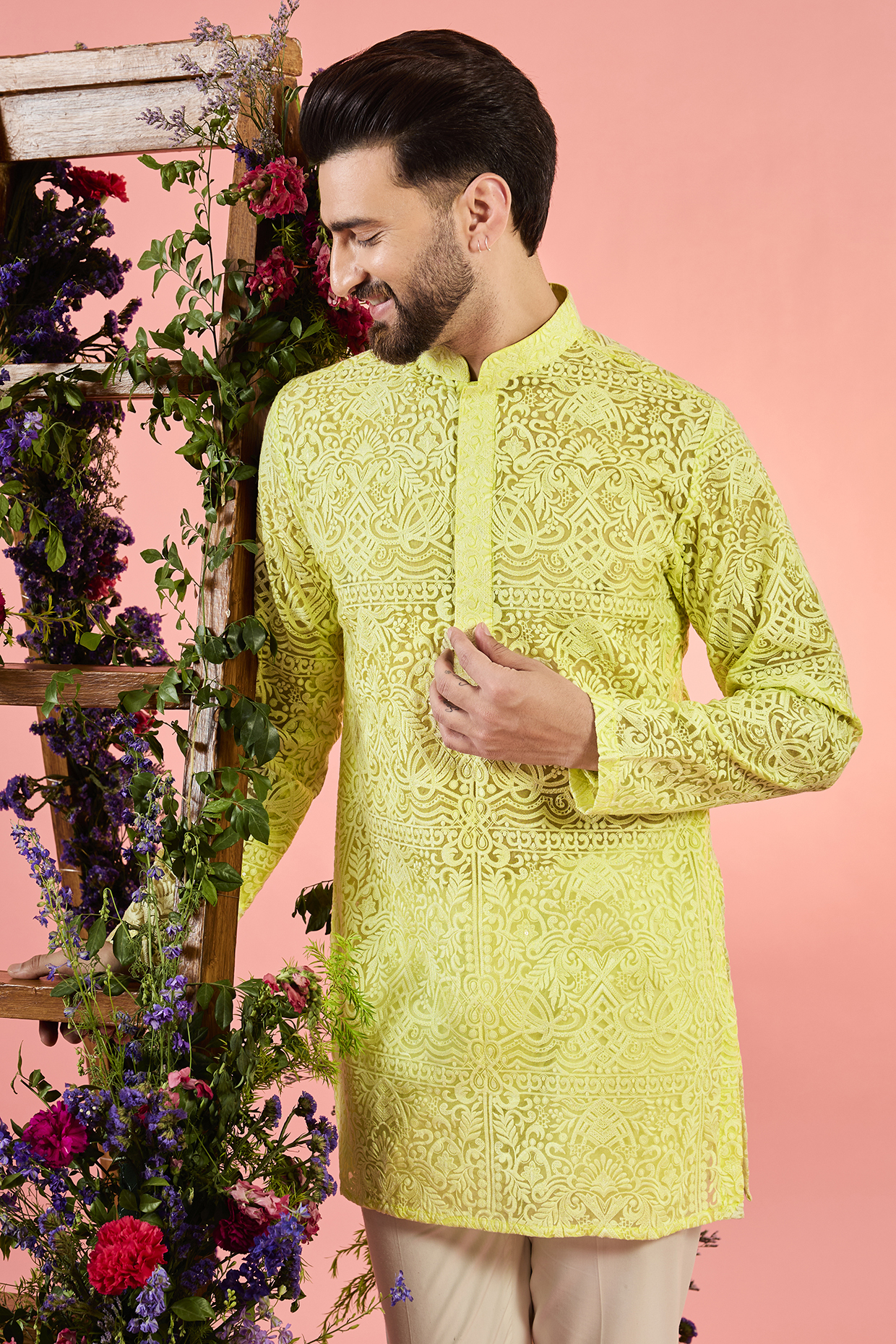 Yellow Organza Chikankari Embroidered Short Sheer Kurta by Kasbah Clothing