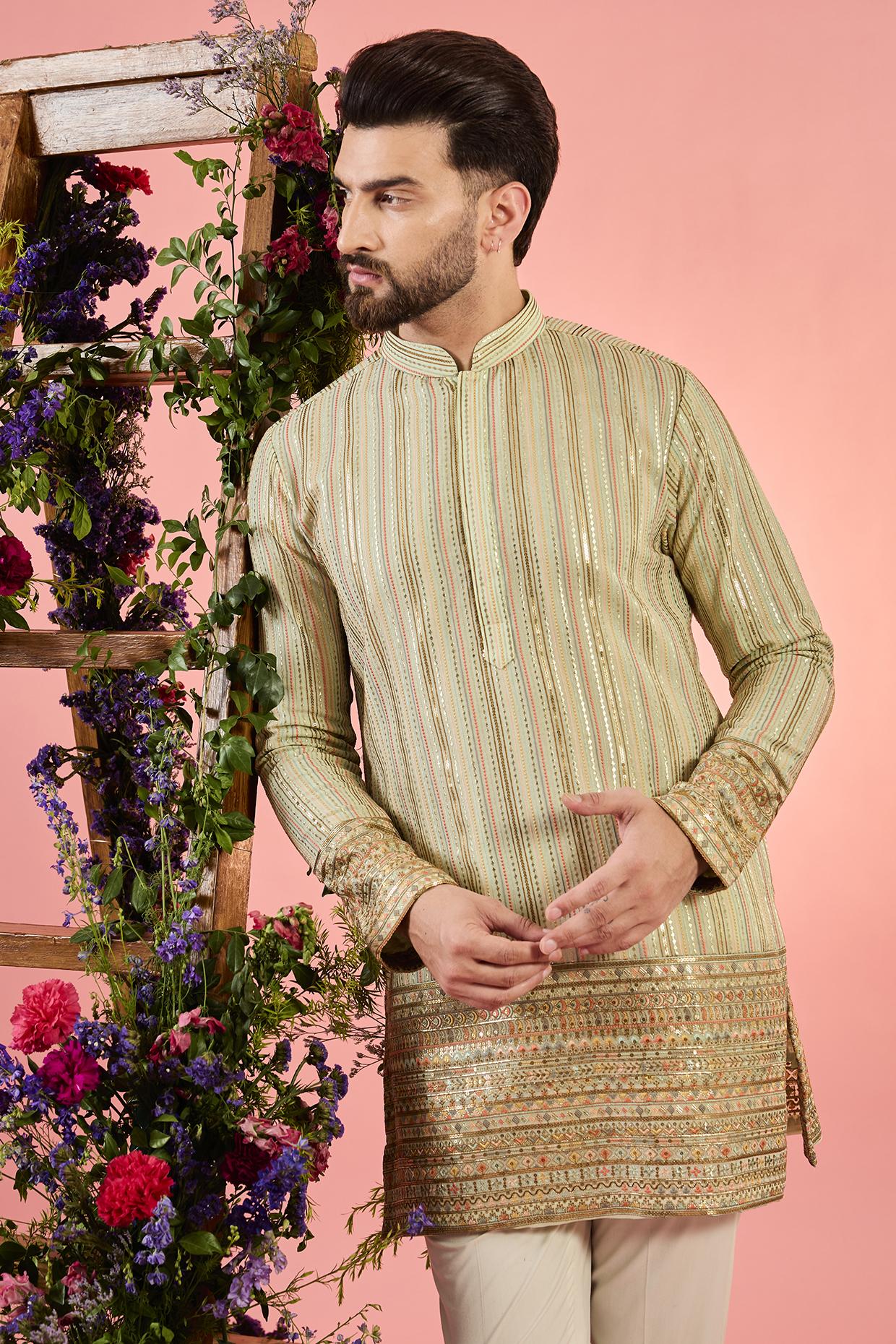 Green Georgette Thread Embroidered Short Kurta by Kasbah Clothing