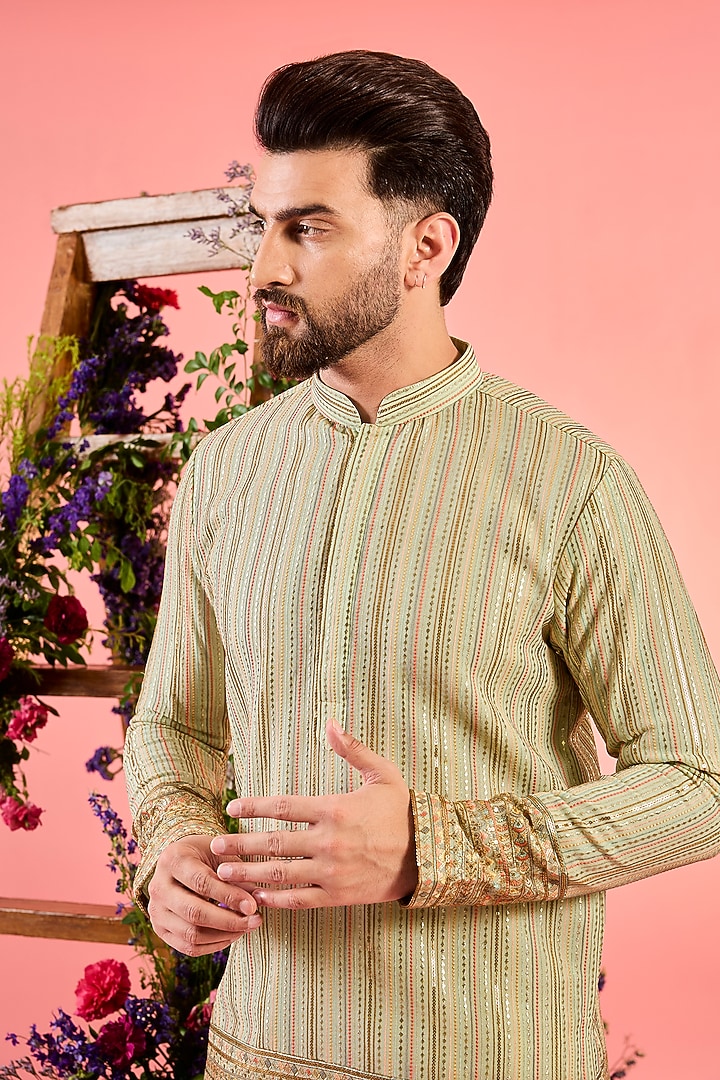 Green Georgette Thread Embroidered Short Kurta by Kasbah Clothing at Pernia's Pop Up Shop