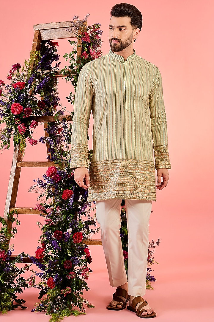 Green Georgette Thread Embroidered Short Kurta by Kasbah Clothing at Pernia's Pop Up Shop