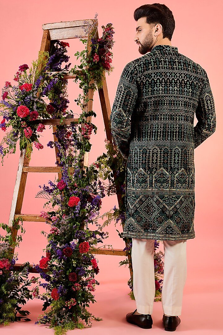 Black Georgette Kashmiri Threadwork Kurta by Kasbah Clothing at Pernia's Pop Up Shop